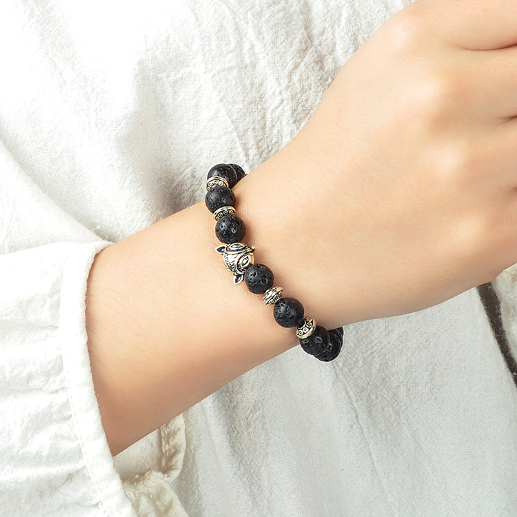 F108  new arrivals 8mm Gold Sliver Fox Lava Stone Bead  Jade Lucky Charm  Metal Gelang Oil Diffuser Bracelet M