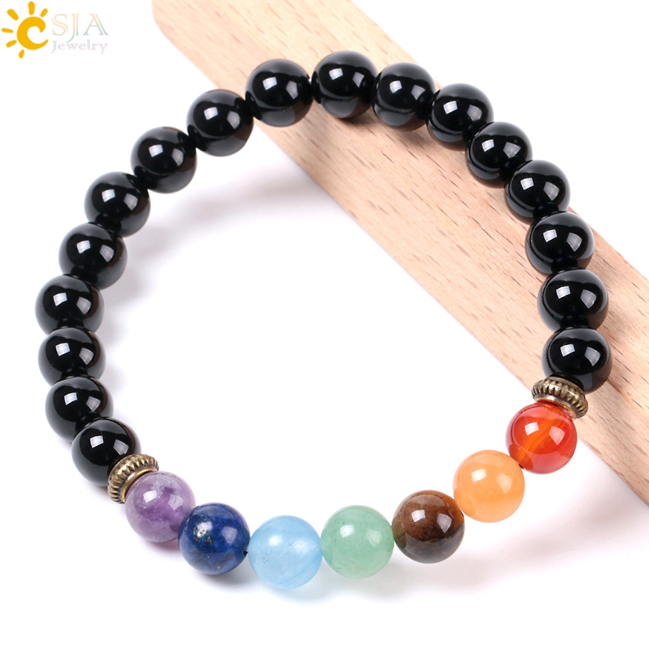 CSJA fashion handmade 7 color bracelet healing balance prayer crystal natural black onyx stone bead men bracelet  E952