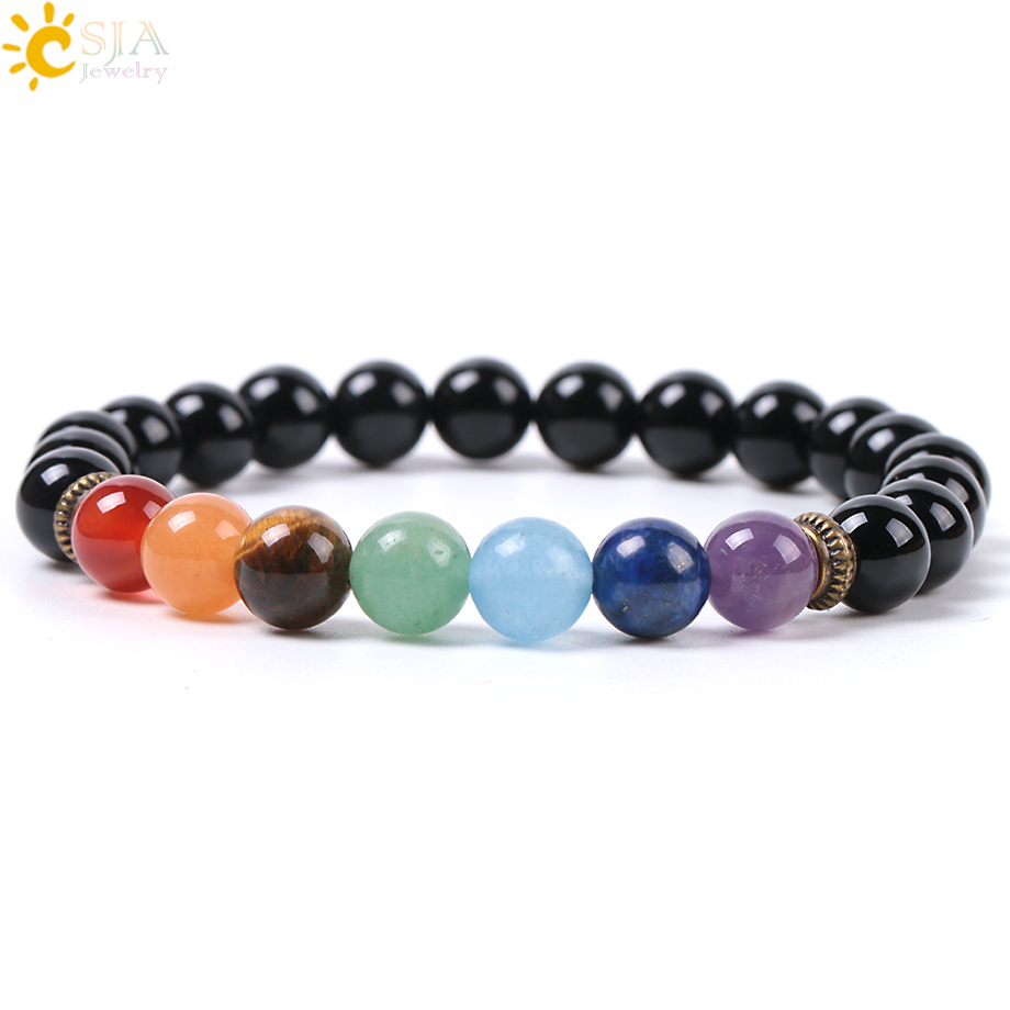 CSJA fashion handmade 7 color bracelet healing balance prayer crystal natural black onyx stone bead men bracelet  E952