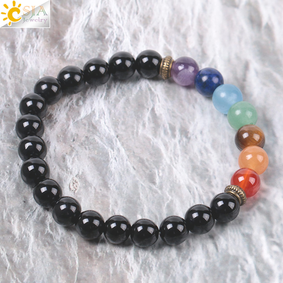 CSJA fashion handmade 7 color bracelet healing balance prayer crystal natural black onyx stone bead men bracelet  E952