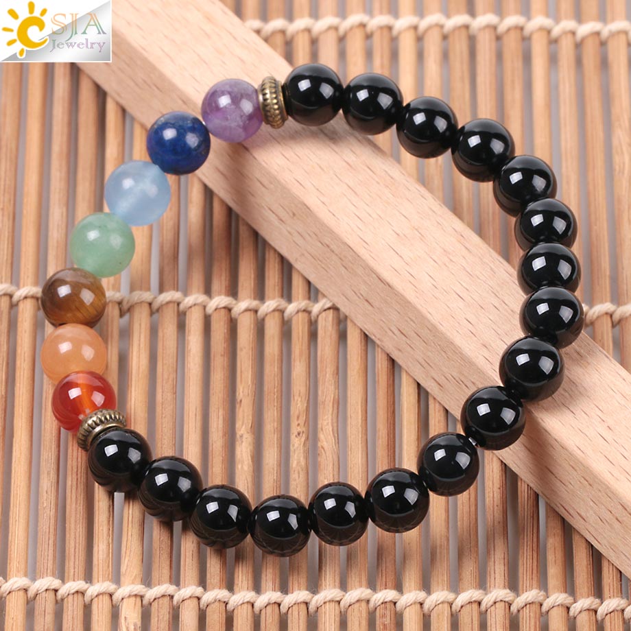 CSJA fashion handmade 7 color bracelet healing balance prayer crystal natural black onyx stone bead men bracelet  E952