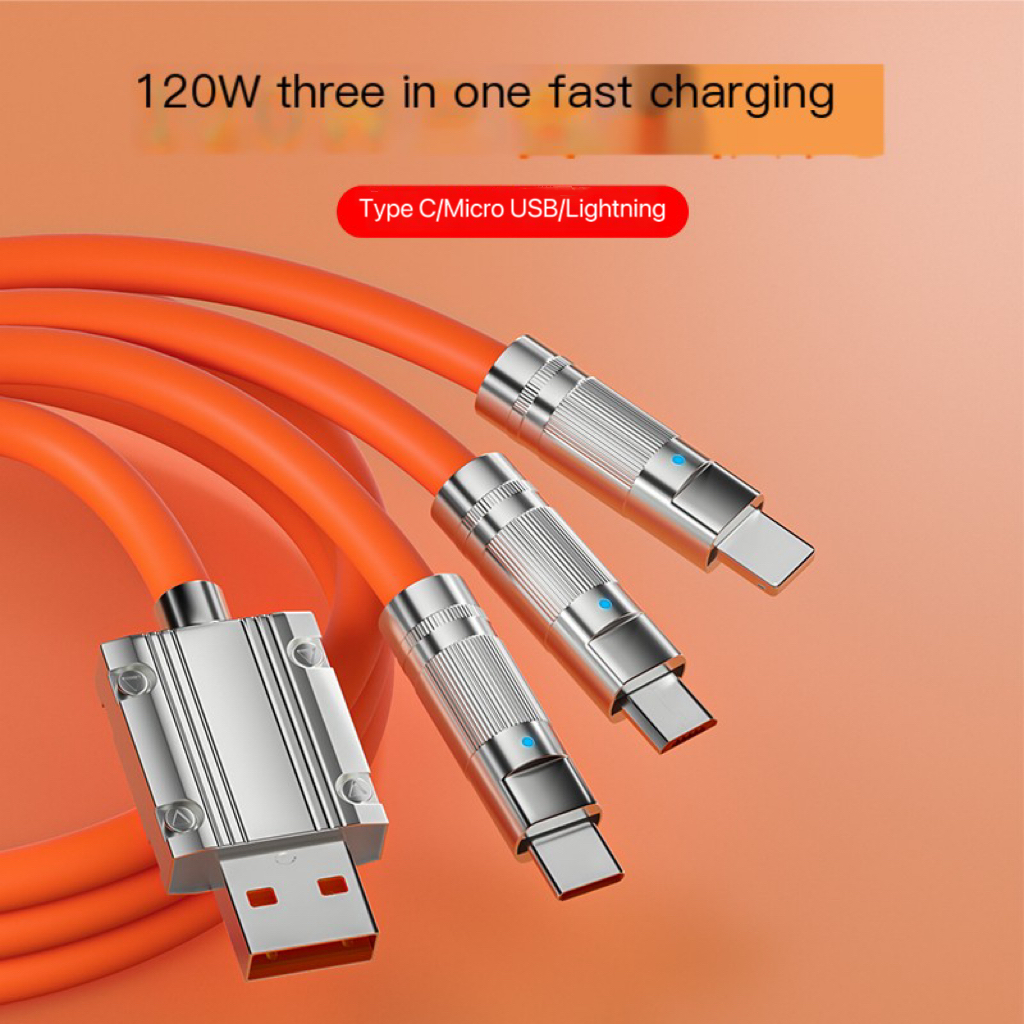 3 in 1 Zinc Alloy And Soft Silicone Material 6A Fast Charging Data Line 120W Super Fast Charging Type C Data Cable