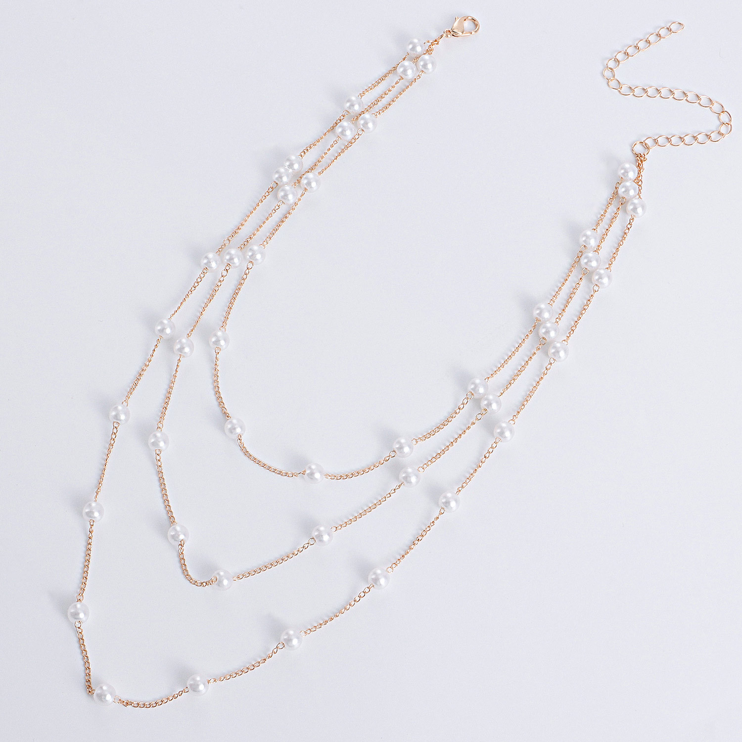 Simple Layered Thin Chain Pearl Choker Necklace Gold Plated Multi Layer Pearl Necklace