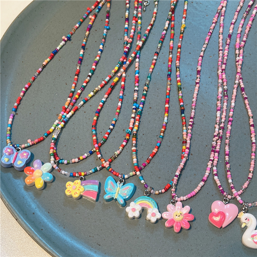 2023 Fashion Color Cartoon Heart Butterfly Beaded Necklace Sweet Cute Pendant Necklace for Girls