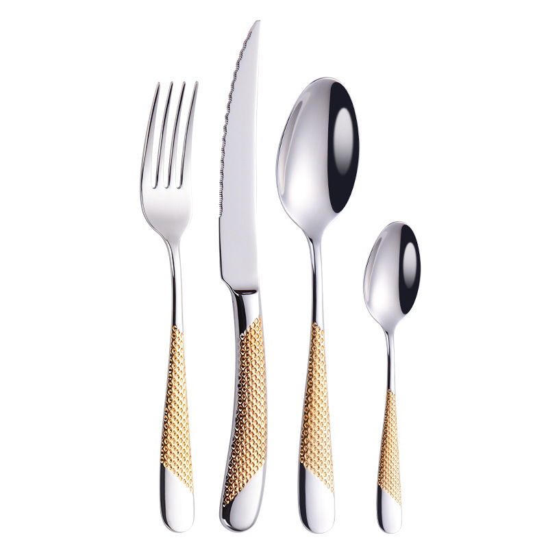  Etched printing stainless steel rustic fork and spoon gold silver hammered cutlery set of 4 with box