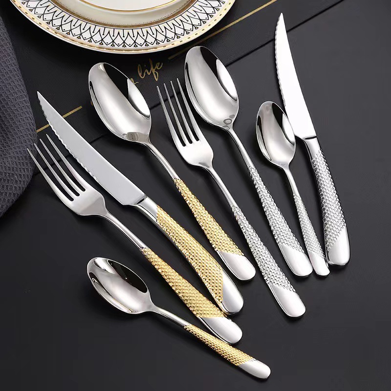  Etched printing stainless steel rustic fork and spoon gold silver hammered cutlery set of 4 with box