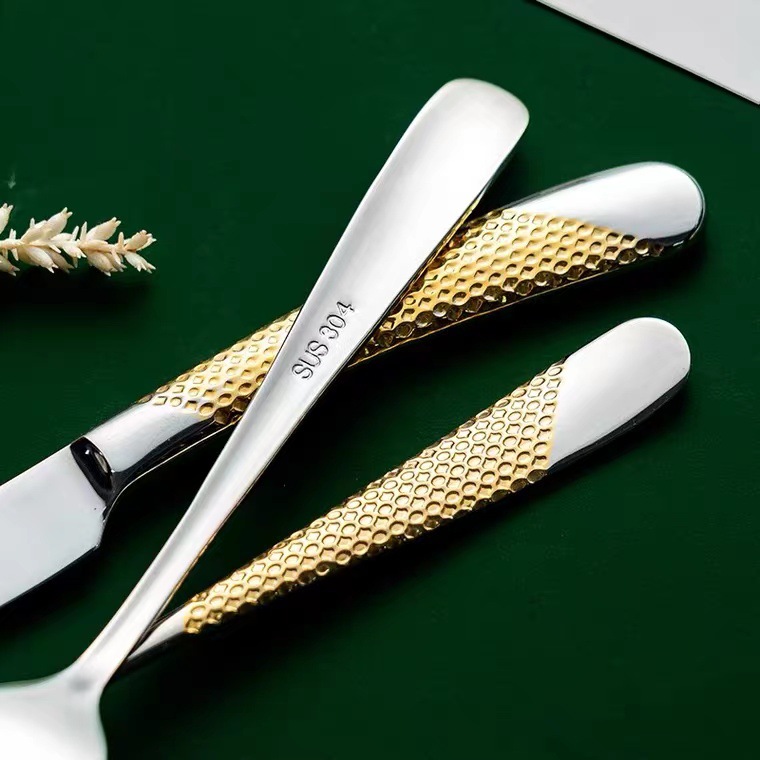  Etched printing stainless steel rustic fork and spoon gold silver hammered cutlery set of 4 with box