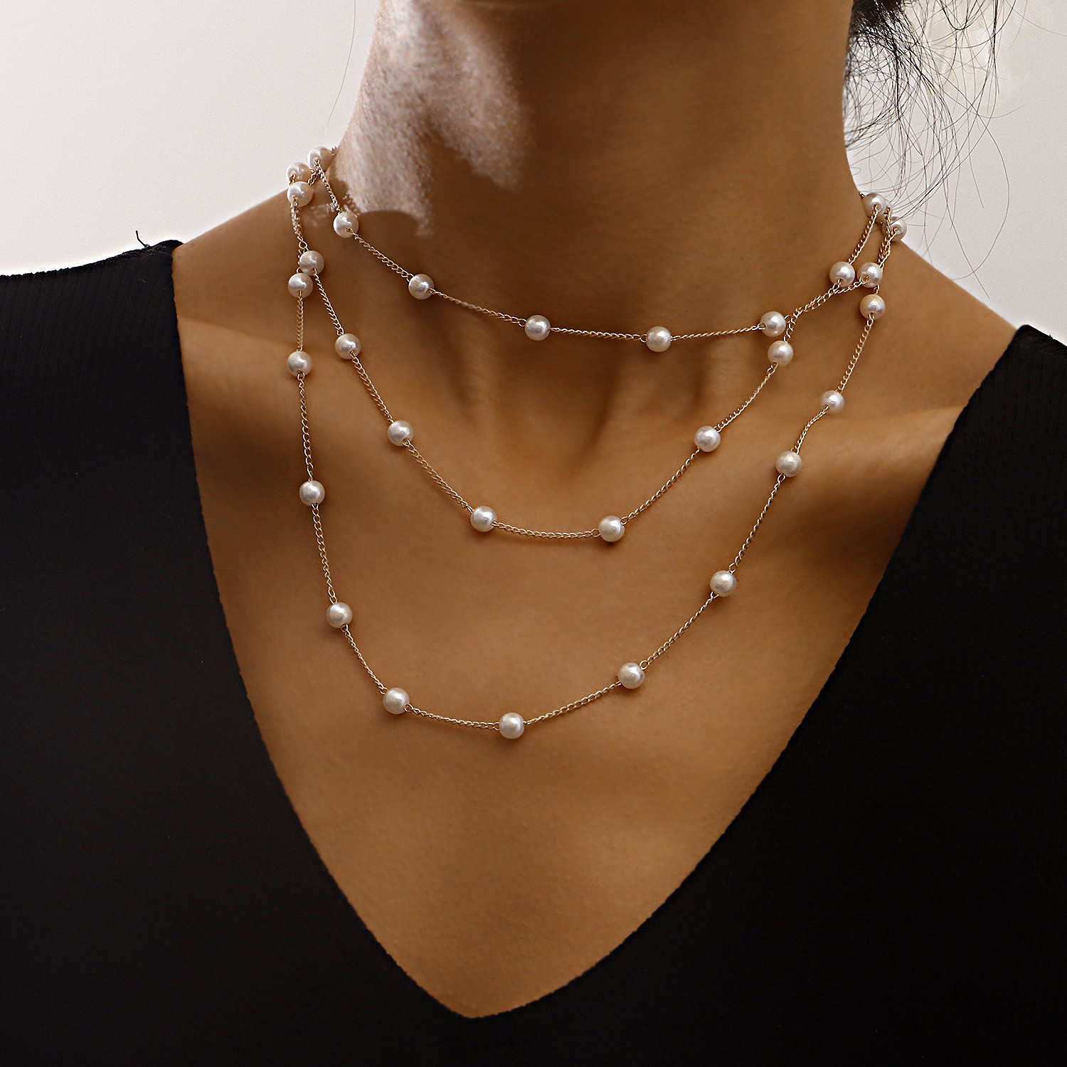 Simple Layered Thin Chain Pearl Choker Necklace Gold Plated Multi Layer Pearl Necklace