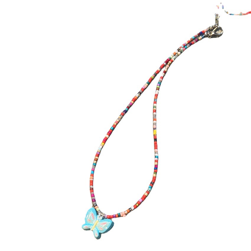 2023 Fashion Color Cartoon Heart Butterfly Beaded Necklace Sweet Cute Pendant Necklace for Girls