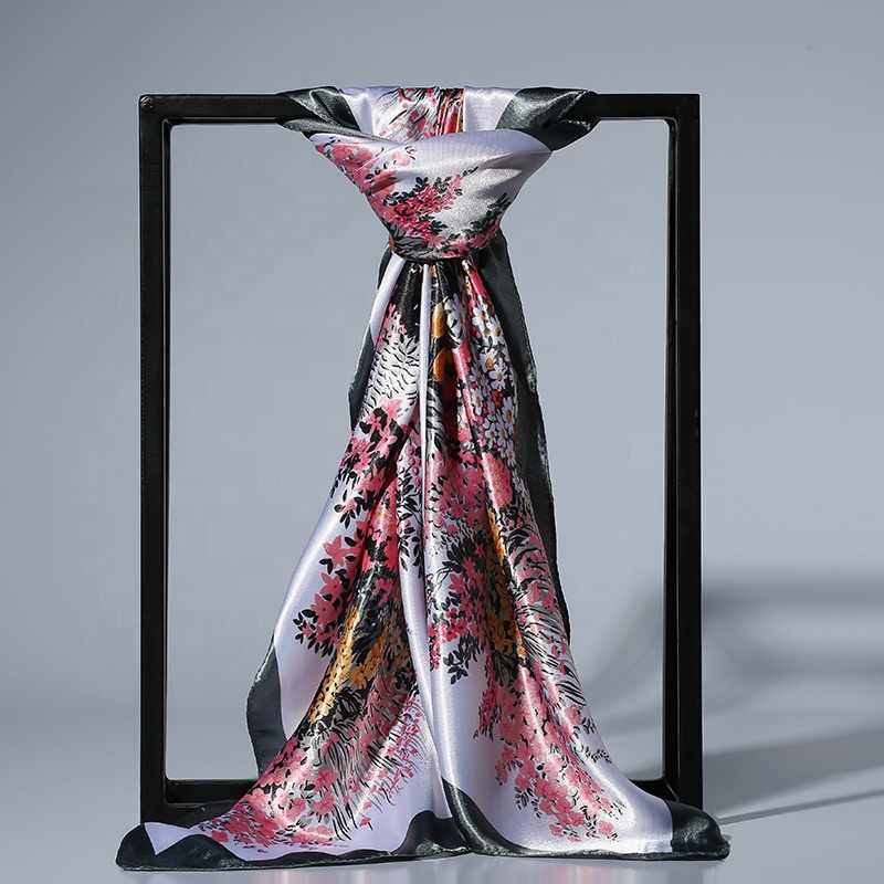 Korean fashion 90*90 square elegant scarf colorful printed floral design satin silk scarves for women