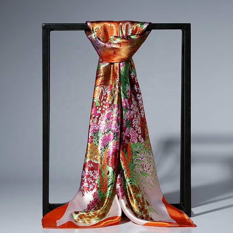 Korean fashion 90*90 square elegant scarf colorful printed floral design satin silk scarves for women