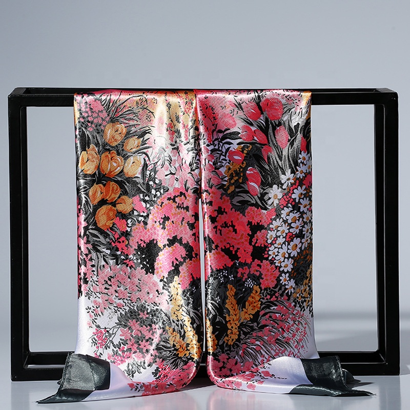 Korean fashion 90*90 square elegant scarf colorful printed floral design satin silk scarves for women