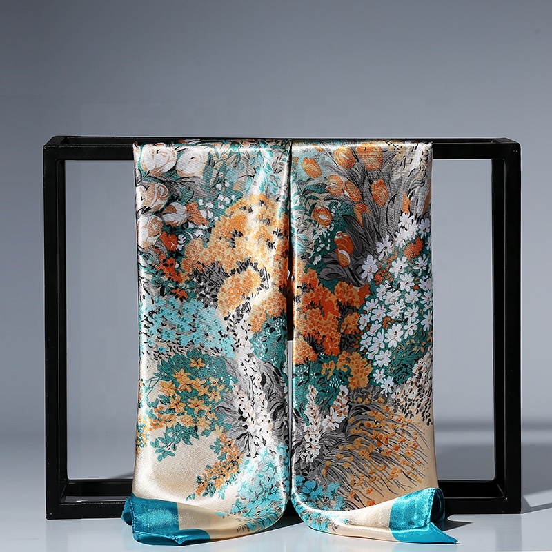 Korean fashion 90*90 square elegant scarf colorful printed floral design satin silk scarves for women