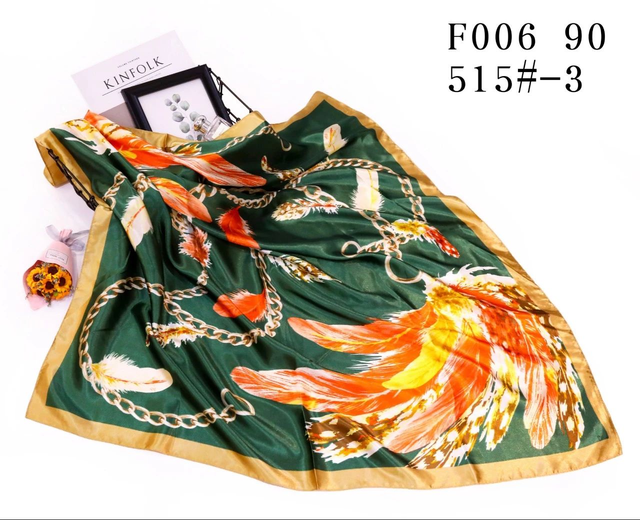 New Listing Fashion Satin Silk Women Woman Scarf Neck Square with Feather And Chain