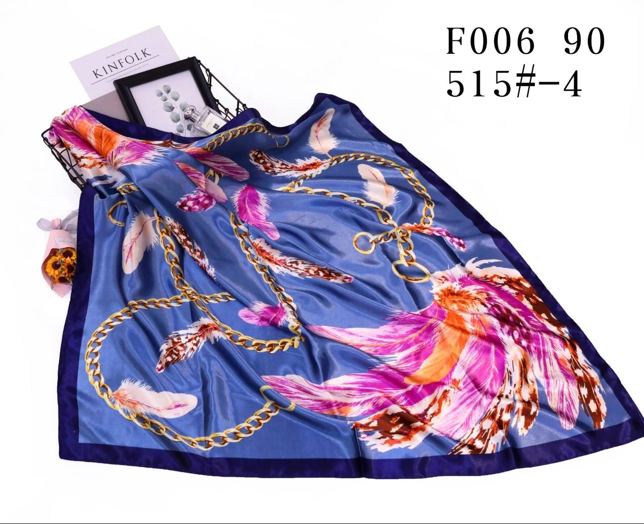 New Listing Fashion Satin Silk Women Woman Scarf Neck Square with Feather And Chain