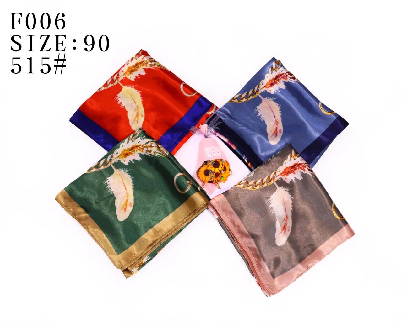 New Listing Fashion Satin Silk Women Woman Scarf Neck Square with Feather And Chain