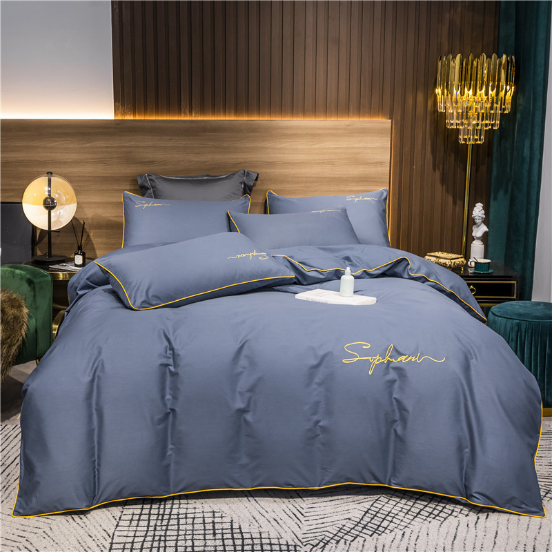 Premium Cotton Embroidered Duvet Cover Set - Solid Color, 4-piece set