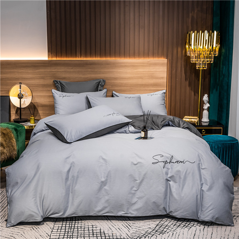 Premium Cotton Embroidered Duvet Cover Set - Solid Color, 4-piece set