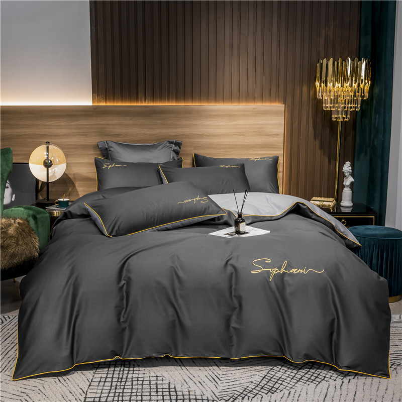 Premium Cotton Embroidered Duvet Cover Set - Solid Color, 4-piece set