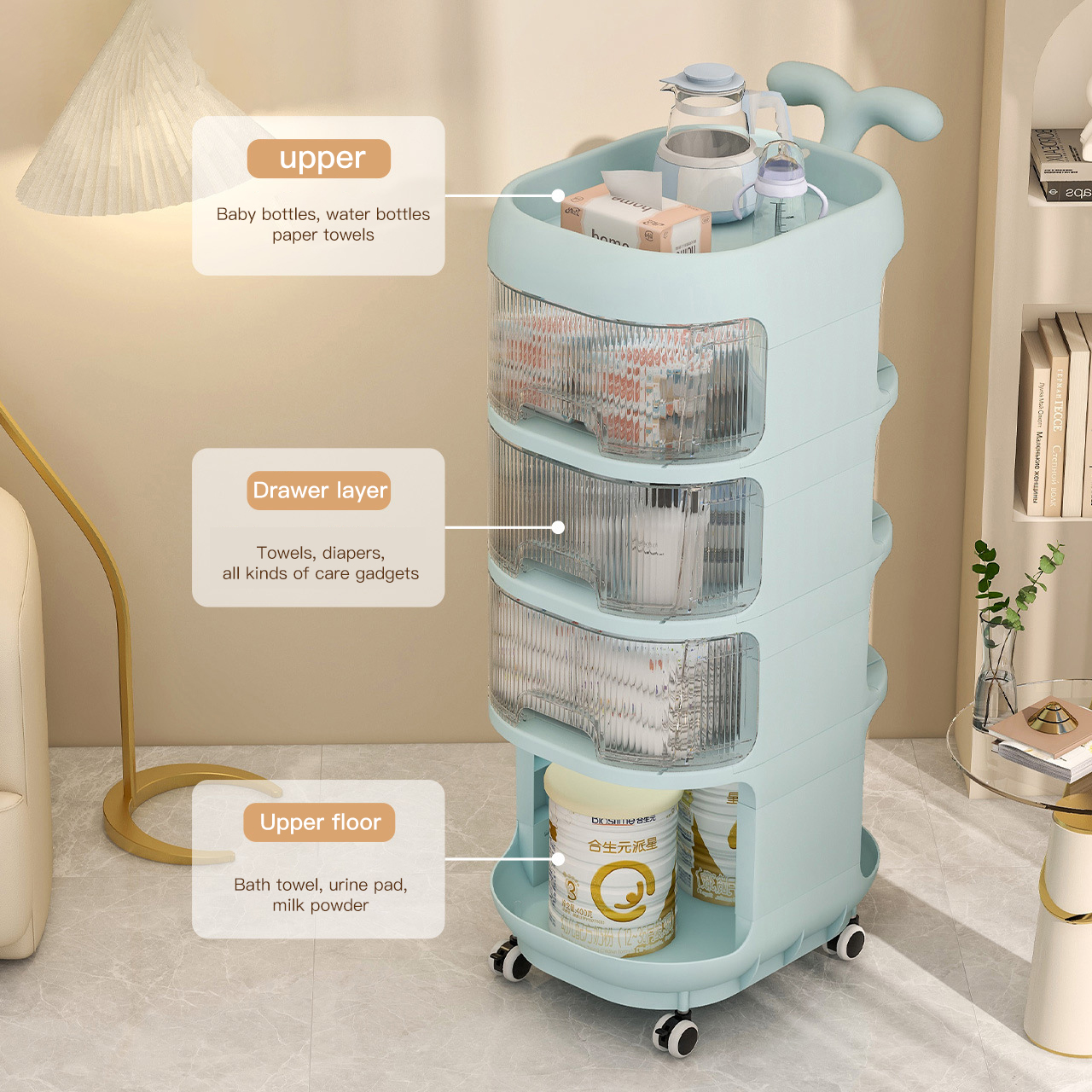 Baby Product Storage Rack Plastic Trolley With Removable Mobile Drawers