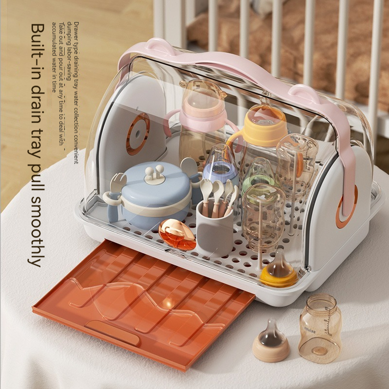 Drain Storage Box with Lid, Dustproof Storage Rack for Feeding Bin and Milk Baby Bottle
