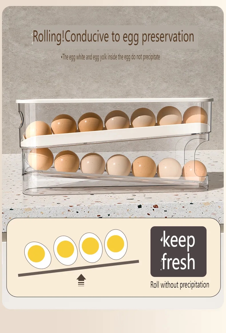 2 Tier Refrigerator Egg Tray Rolling Storage Organizer Container - Auto Roller Egg Holder