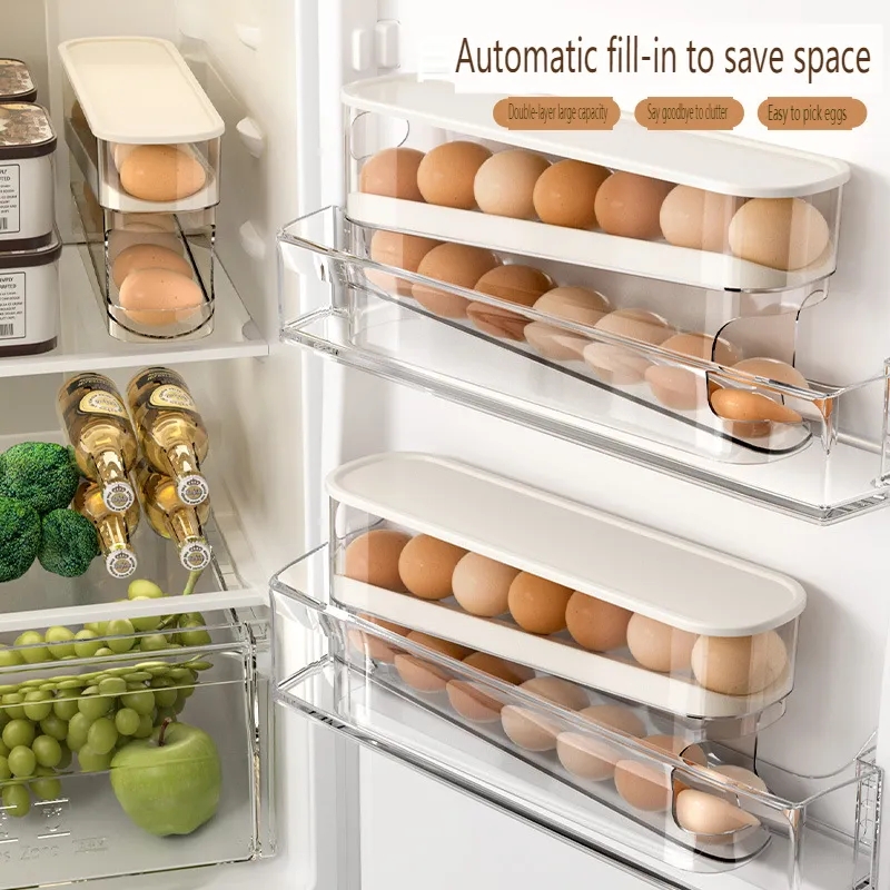 2 Tier Refrigerator Egg Tray Rolling Storage Organizer Container - Auto Roller Egg Holder