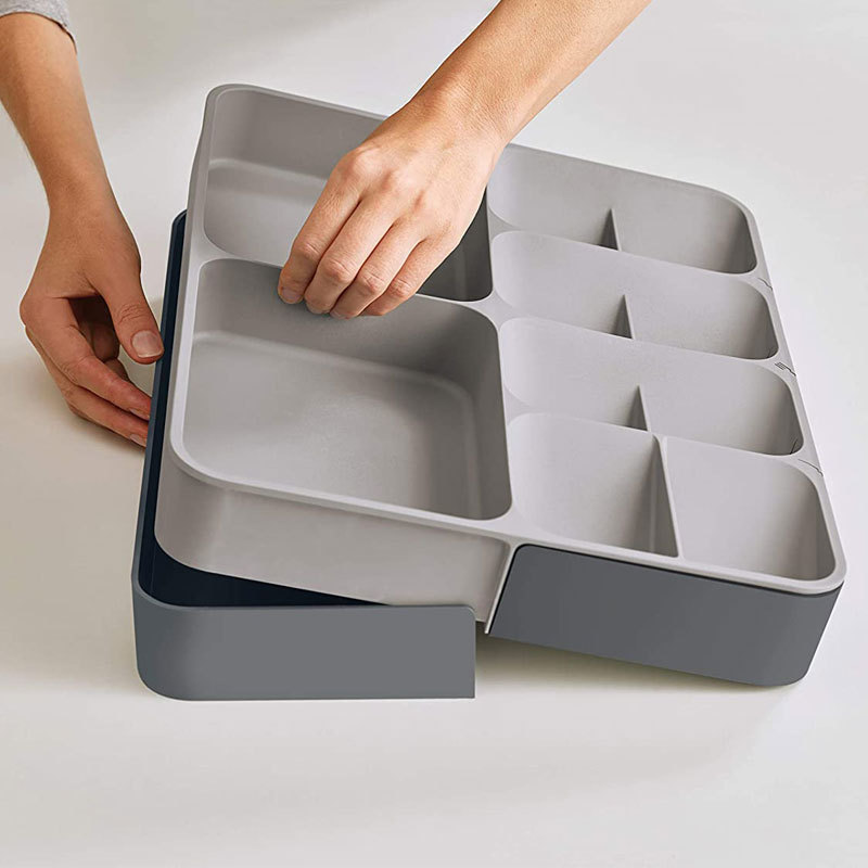 12-Compartment Telescopic Drawer Organizer - Kitchen Tableware Storage Tray, Plastic Non-Slip Square Box