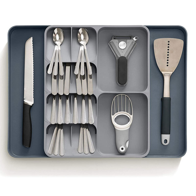 12-Compartment Telescopic Drawer Organizer - Kitchen Tableware Storage Tray, Plastic Non-Slip Square Box