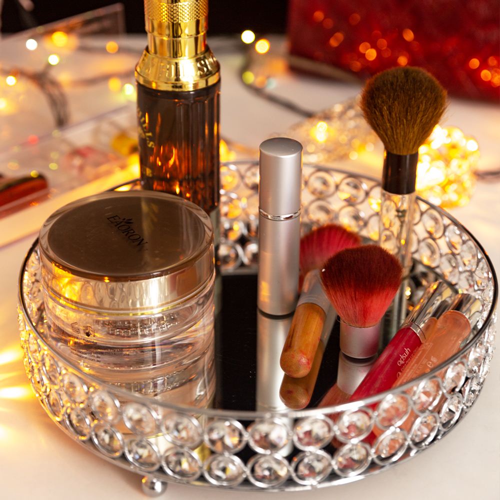 European Round Metal Glass Mirror Makeup Storage Tray