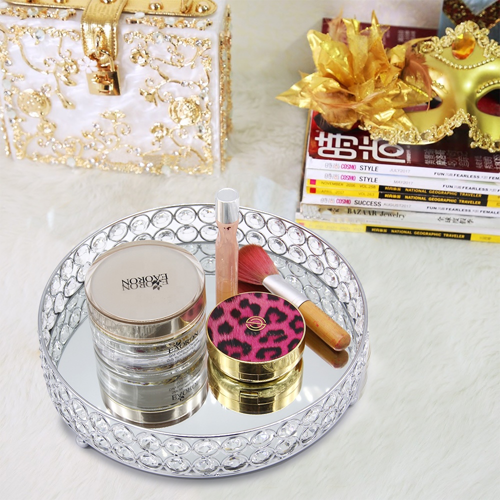 European Round Metal Glass Mirror Makeup Storage Tray