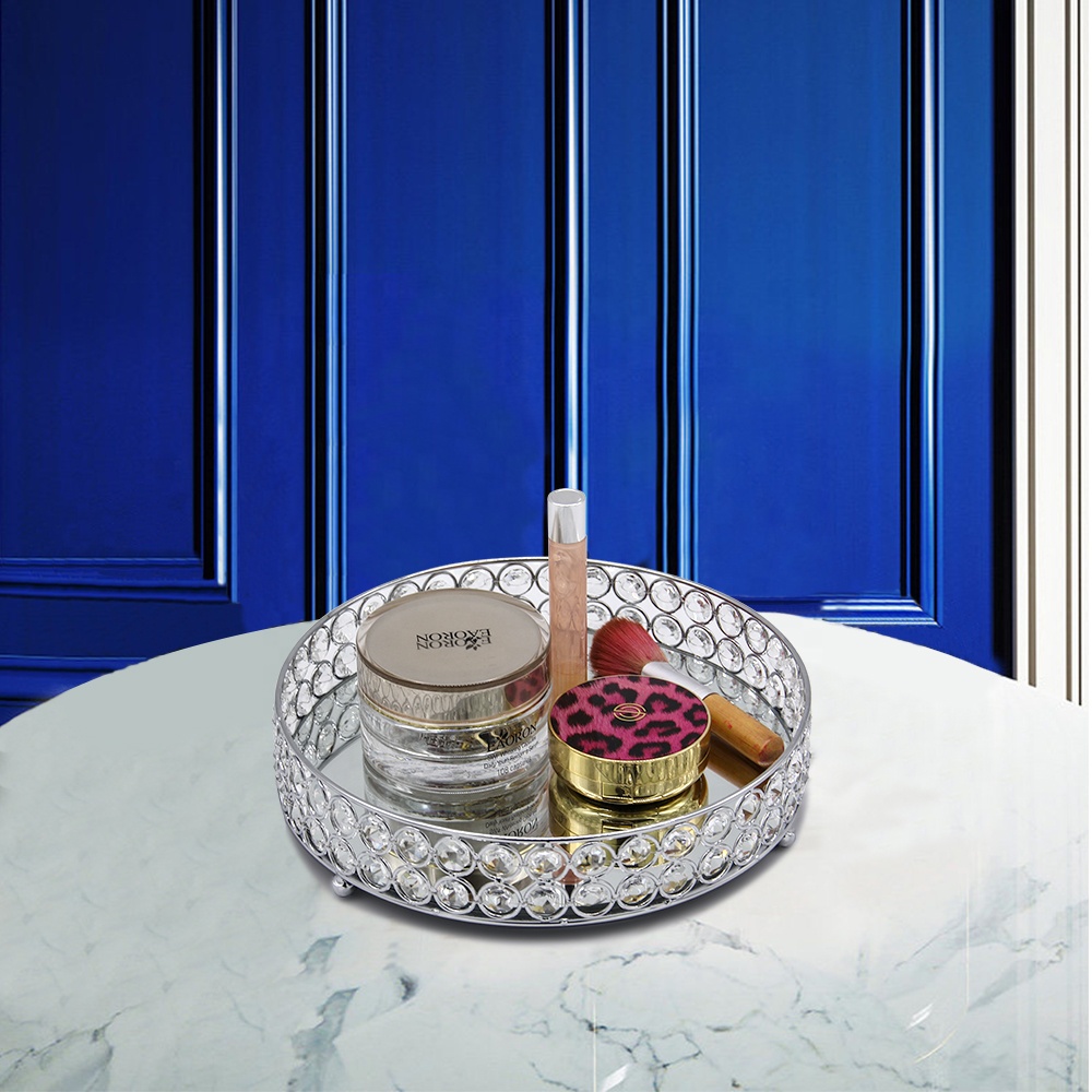 European Round Metal Glass Mirror Makeup Storage Tray
