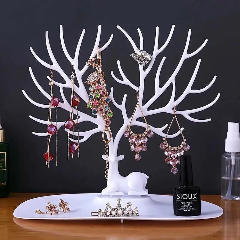 Plastic Deer Jewelry Stand Tree with Tray - Necklace Bracelet Earrings Organizer Holder Display Rack