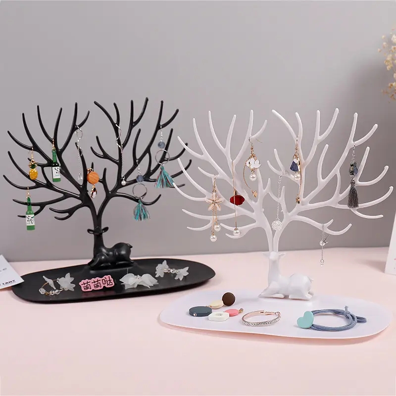 Plastic Deer Jewelry Stand Tree with Tray - Necklace Bracelet Earrings Organizer Holder Display Rack