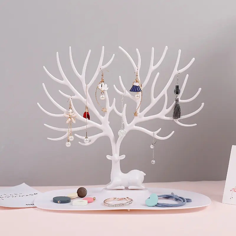 Plastic Deer Jewelry Stand Tree with Tray - Necklace Bracelet Earrings Organizer Holder Display Rack