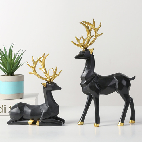 Nordic Style Standing and Sitting Reindeer Resin Sculpture 2Pcs Gold Christmas Deer Ornaments Desktop Decor