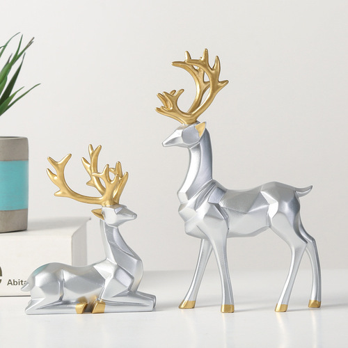 Nordic Style Standing and Sitting Reindeer Resin Sculpture 2Pcs Gold Christmas Deer Ornaments Desktop Decor
