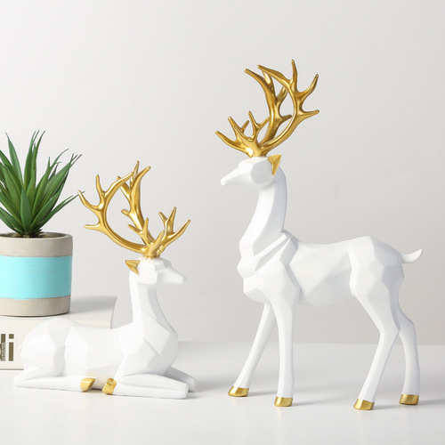 Nordic Style Standing and Sitting Reindeer Resin Sculpture 2Pcs Gold Christmas Deer Ornaments Desktop Decor