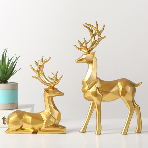 Nordic Style Standing and Sitting Reindeer Resin Sculpture 2Pcs Gold Christmas Deer Ornaments Desktop Decor