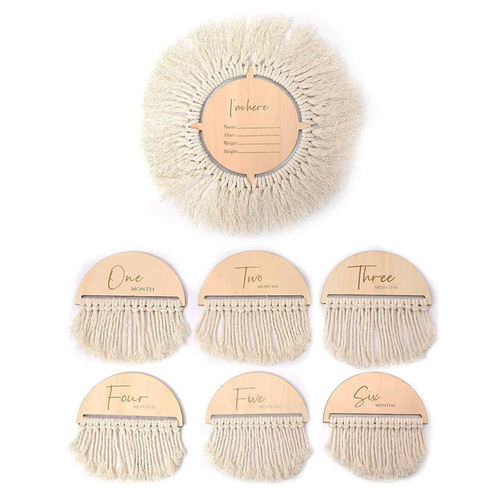  Birth Announcement Cards Wooden Milestone Discs Monthly Milestone Cards Macrame Fringe Boho Baby Wood Decoration 