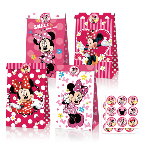 MB012 Cartoon Minnie Party Favors Bag Candy Treat Bags 12 pcs Gift Paper Bags with Stickers for Kids Birthday Party Supp