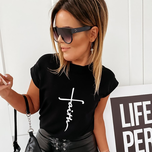  New Arrival  letter FAITH printing round neck short sleeve fashion casual women's T-shirt