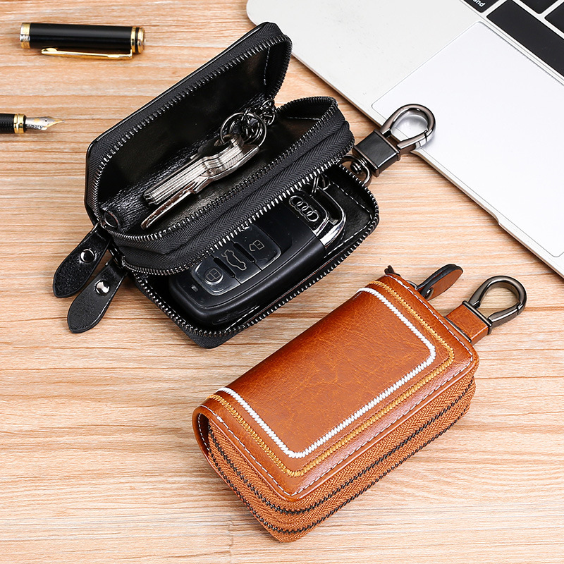 New leather car key bag Multi-functional cowhide door key bag Fashion embroidery thread key bag