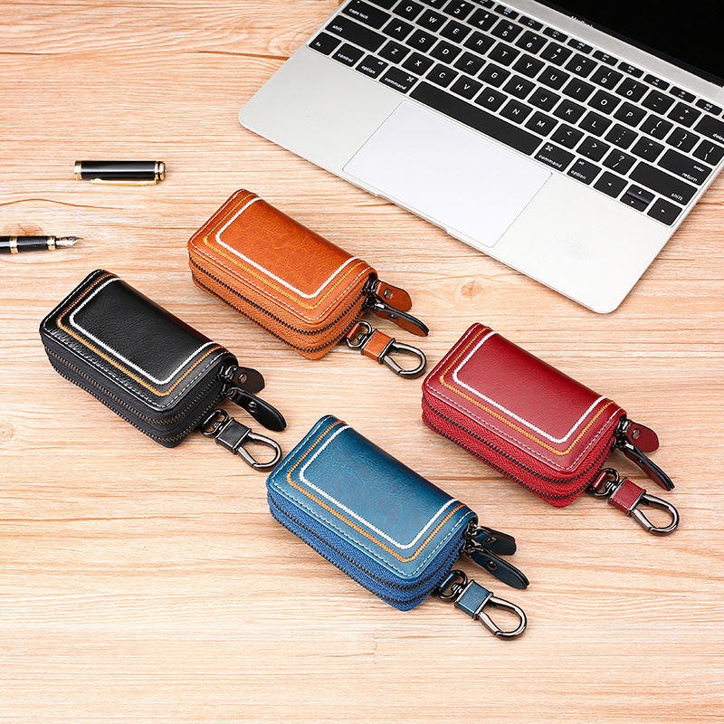 New leather car key bag Multi-functional cowhide door key bag Fashion embroidery thread key bag