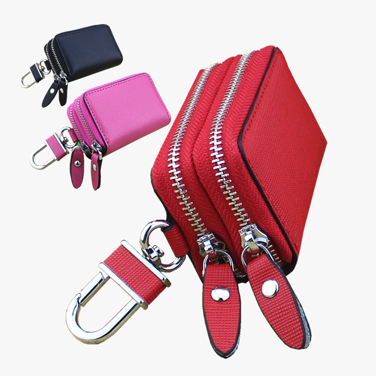 Cowhide car key case Double zipper cross leather remote control key case