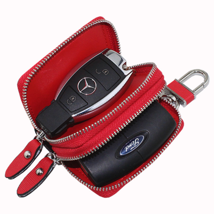 Cowhide car key case Double zipper cross leather remote control key case