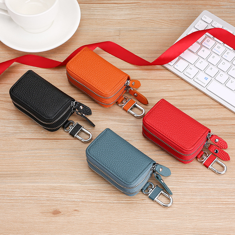Double zipper leather car key case cowhide key case cowhide neck print change car key case