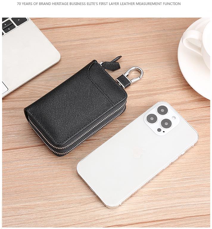 New car key bag Men's and women's leather multi-function double zipper door cowhide keychain coin purse