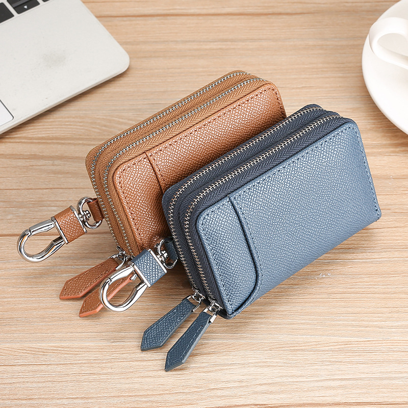 New car key bag Men's and women's leather multi-function double zipper door cowhide keychain coin purse