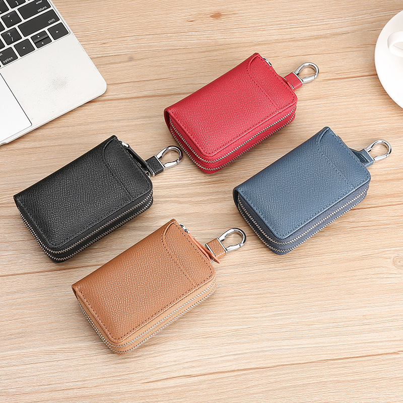 New car key bag Men's and women's leather multi-function double zipper door cowhide keychain coin purse
